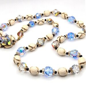 Vintage 1950s Aurora Borealis Crystal Cream Lucite Beaded Necklace Gold Tone